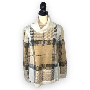 Charter Club Tan Plaid Cowl Neck Sweater Size Medium Cream Black Long Sleeve